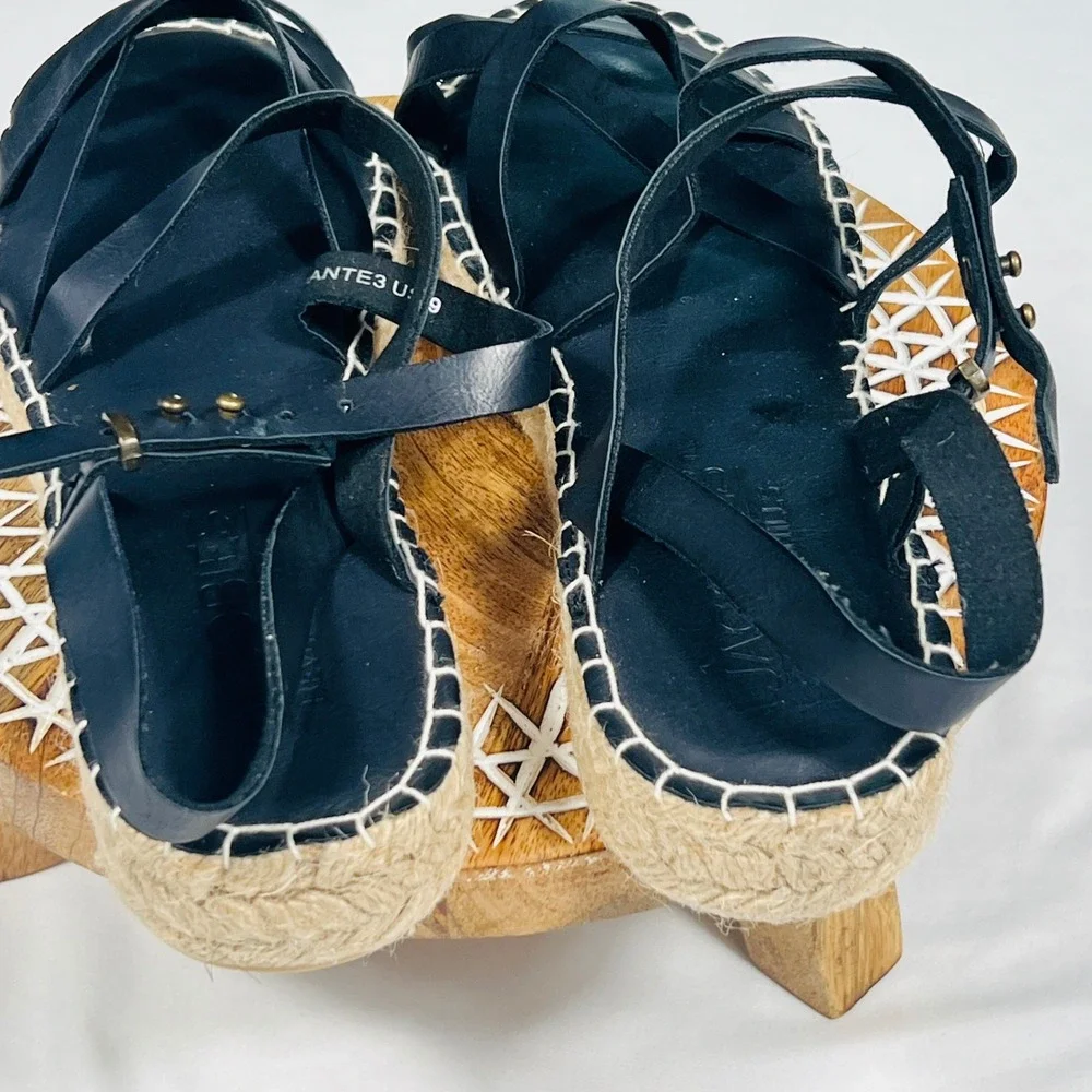 Jacobies Beverly Hills Dante3 Black Leather Strappy Espadrille Sandals Womens 9